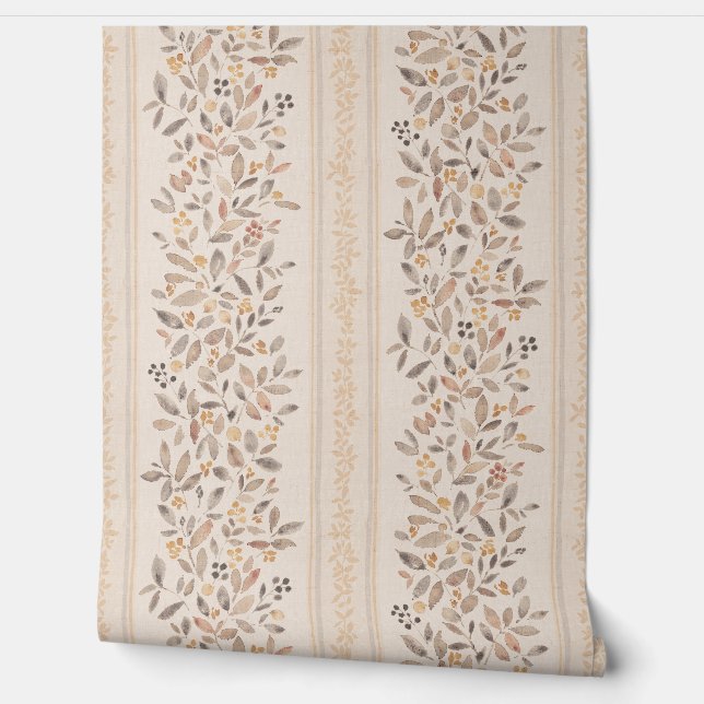 Papier Peint Aquarelle rayures florales chaud ocre brun (Déroulement)