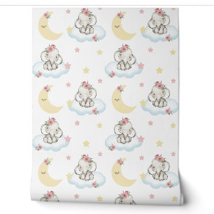 Papier Peint Aquarelle rose Floral Baby Eléphant Nuages Etoiles
