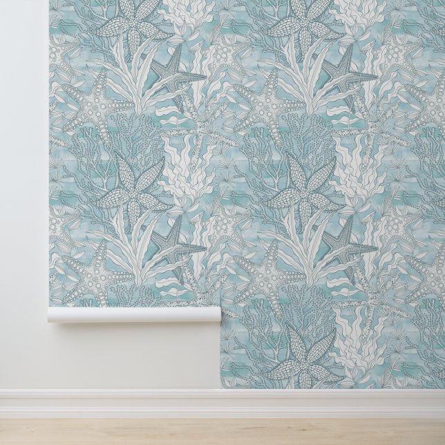 Papier Peint Aquarelle sous-marine Plantes Starfish Bleu Côte (Application)
