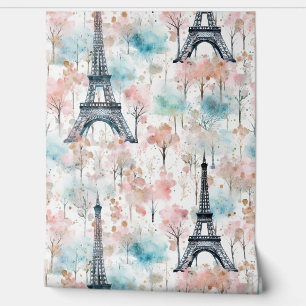 Papier Peint Aquarelle Tour Eiffel Paris Bleu rose