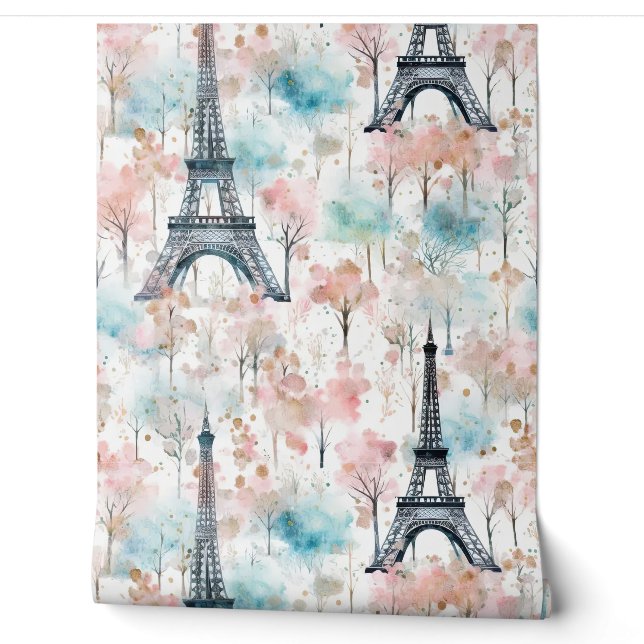 Papier Peint Aquarelle Tour Eiffel Paris Bleu rose (Déroulement)