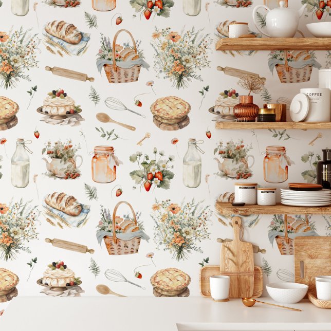 Papier Peint Aquarelle Whimsical Floral Strawberry Country (In situ)