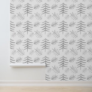 Papier Peint Arbres de Noël modernes en argent sur blanc
