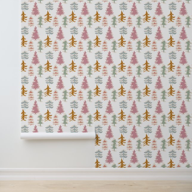 Papier Peint Arbres de Noël modernes Vert Rose Bleu (Application)