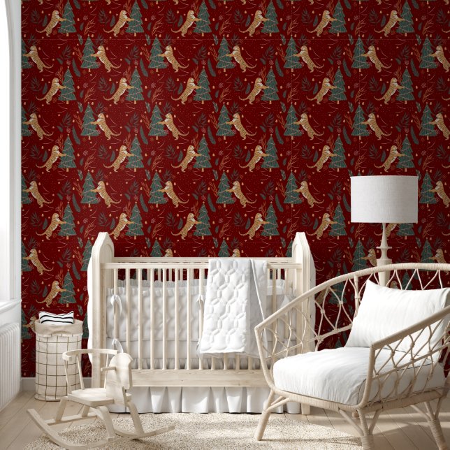 Papier Peint Arbres de Noël & Tigres Motif sur le rouge foncé (Enfants)