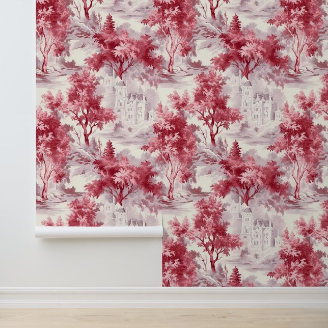 Papier Peint Arbres rouges et Château Toile française (Application)