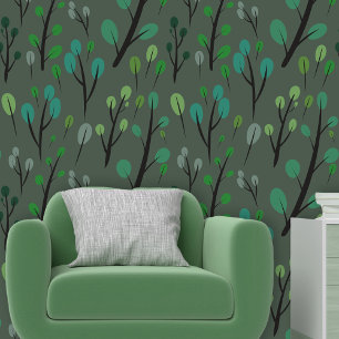 Papier Peint Arbres verts stylisés modernes avec Trunks noirs