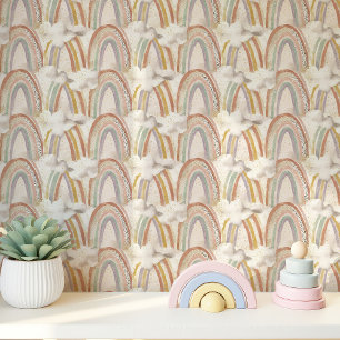 Papier Peint Arcs-en-ciel boho et nuages dans des pastels doux