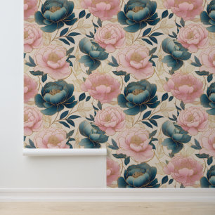 Papier Peint Arômes floraux Or rose bleu sur crème