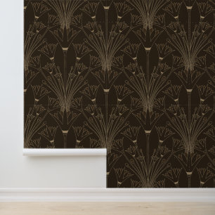Papier Peint Art Déco Lotus - Lotus à Coquilles - Brun et Or