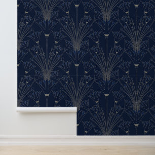 Papier Peint Art Déco Lotus - Pétales de Lotus - Bleu Royal