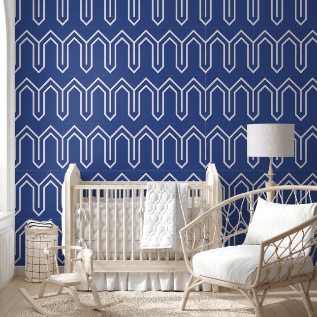 Papier Peint Art Déco Motif 05 - Blanc sur bleu prussien (Enfants)