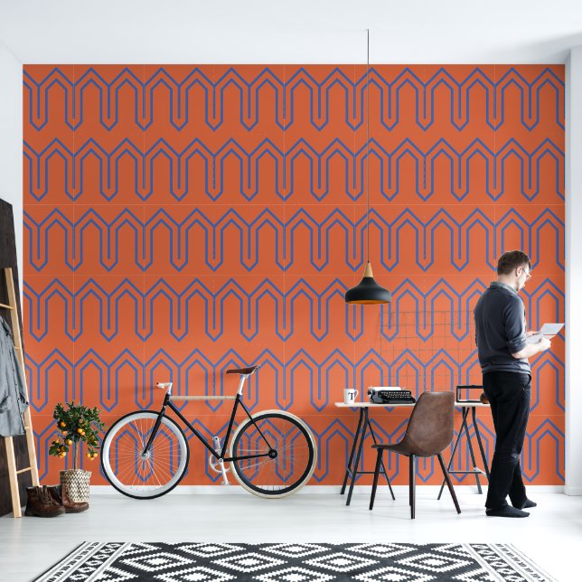 Papier Peint Art Déco Motif 05 - Bleu prussien sur Orange (Salon)