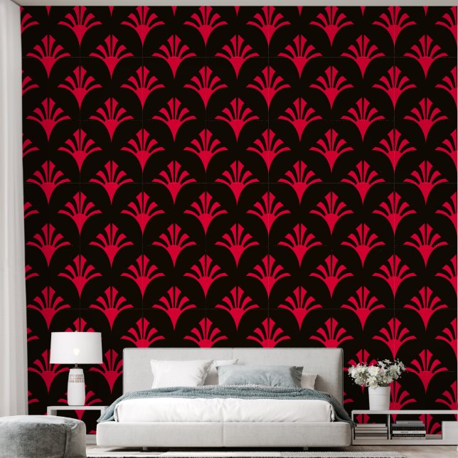 Papier Peint Art Déco Motif 2002 - Rouge carmin sur noir (Chambre à coucher)