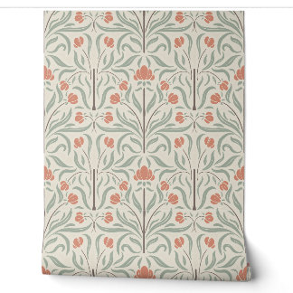 Papier Peint Art Nouveau floral en vert sauge et beige terre cu