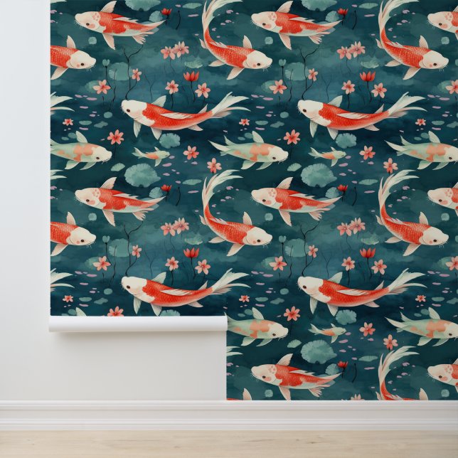 Papier Peint Asiatique Koi Poisson Pond Lotus Fleurs Floral (Application)