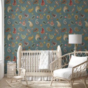 Papier Peint Astro Paisley & Yin Yang Points Bleu Orange Olive