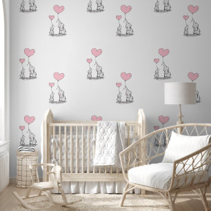 Papier Peint Baby Elephants & Ballons Coeur Rose Design