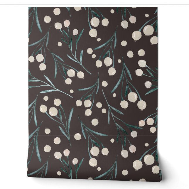 Papier Peint Baies rustiques à l'aquarelle - brune, turquoise,  (Déroulement)