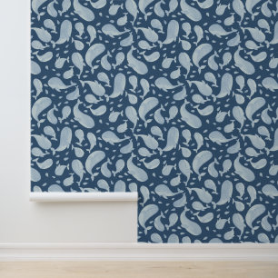 Papier Peint Baleine de Paisley aquarelle bleue sur fond bleu m