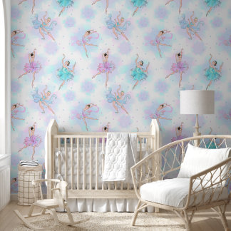 Papier Peint Ballerines sur bleu, lilas et blanc