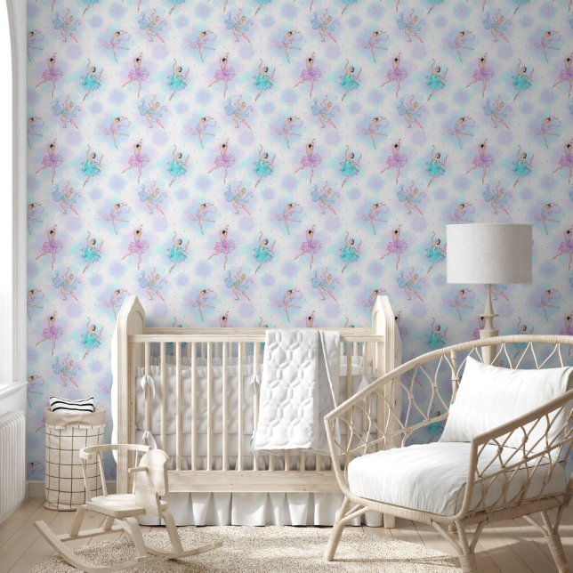 Papier Peint Ballerines sur bleu, lilas et blanc (Enfants)