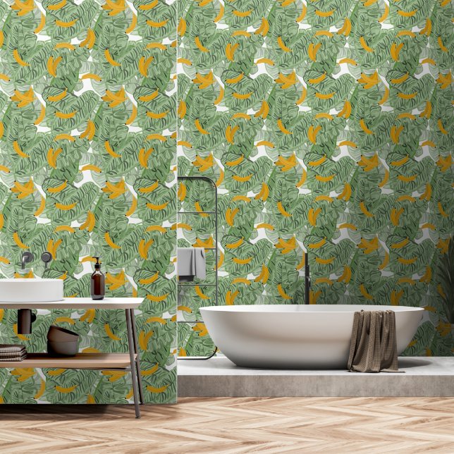 Papier Peint Banane tropicale moderne Motif vert (Salle de bain)