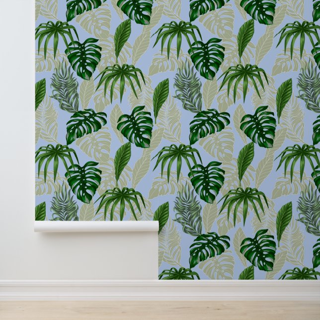 Papier Peint Banane tropicale, Palm & Monstera Feuille Coral Bl (Application)