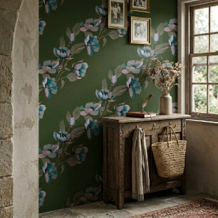 Papier Peint Bandes de fleurs bleues à l'aquarelle vert foncé v