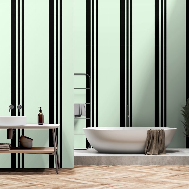 Papier Peint Bandes Verticales Noires Sur Vert Pâle (Salle de bain)