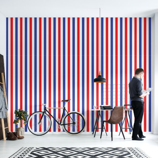 Papier Peint Barbershop Rouge, Blanc et Bleu Vertical Stripe (Salon)