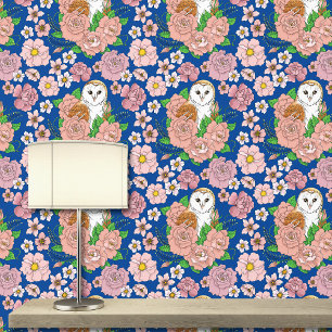 Papier Peint Barne Chouette Fleurs roses Bleu