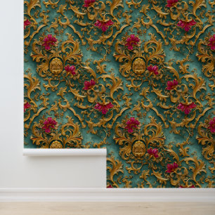 Papier Peint Baroque Floral Émeraude avec Ornements Dorés