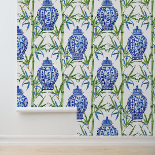 Papier Peint Barres de gingembre bleu et vert et bambou