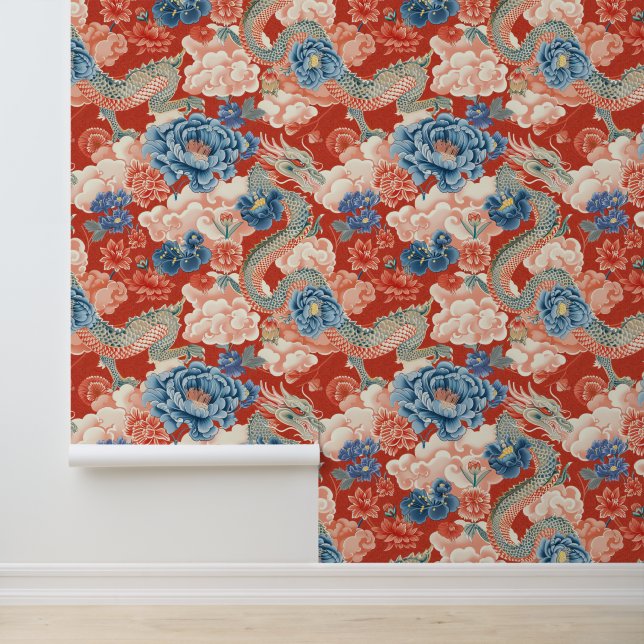 Papier Peint Beau Floral Rouge Dragon japonais élégant (Application)
