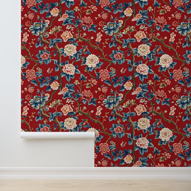 Papier Peint Beau Floral Rouge Élégant (Application)