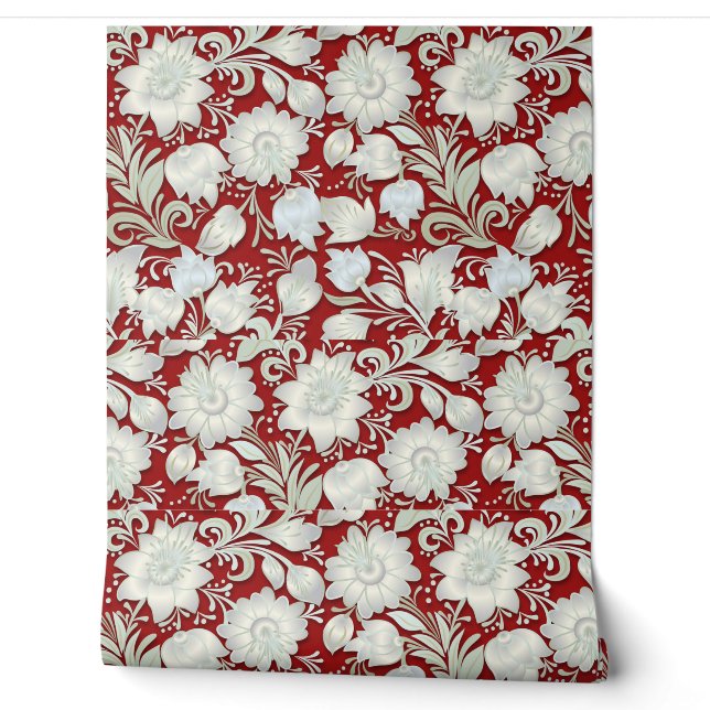 Papier Peint Beau Ornement Floral Blanc sur Arrière - plan Roug (Déroulement)