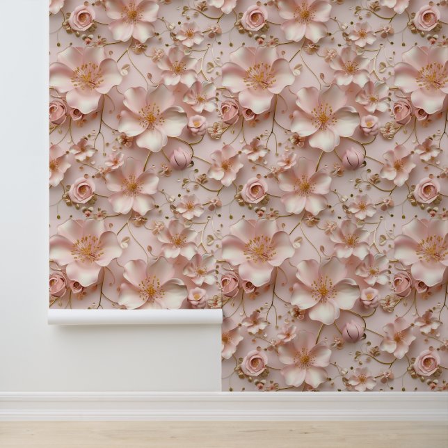 Papier Peint Beau Pastel Rose Doux Floral (Application)