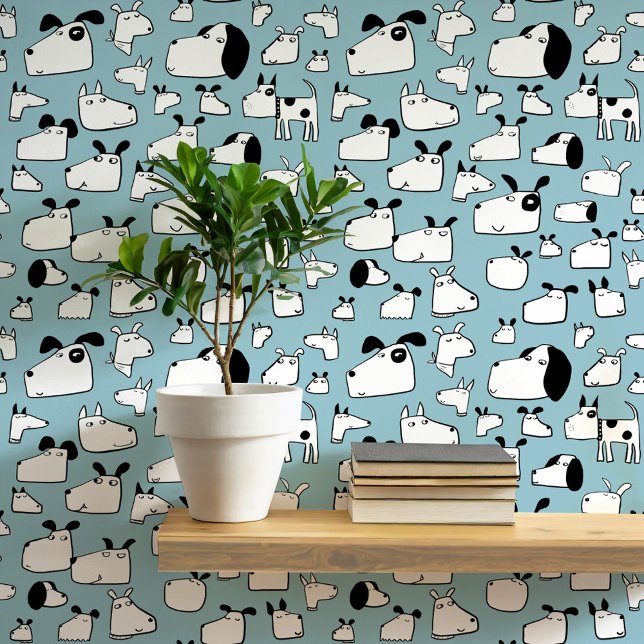 Papier Peint Beaucoup de Chiens Doodle Dessin bleu Turquoise (Fun cartoon doodle dog teal blue green wallpaper for animal lovers)