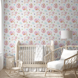 Papier Peint Bébé Fille Lambes et nuages