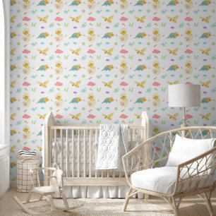 Papier Peint Bébé mignon Dinosaures Hatchlings Nuages Rose Nurs