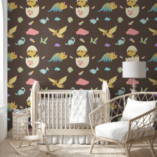 Papier Peint Bébé mignon Dinosaures Roses Nuages & Nourriture B