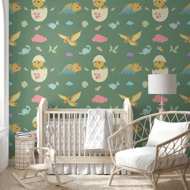 Papier Peint Bébé mignon Dinosaures Roses Nuages & Pépinière ve (Enfants)
