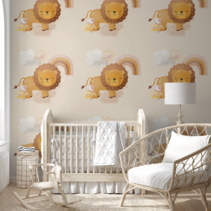 Papier Peint Bébé mignon Lion Cub & Boho Arc en ciel sur Beige