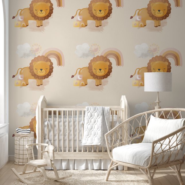 Papier Peint Bébé mignon Lion Cub & Boho Arc en ciel sur Beige  (Enfants)