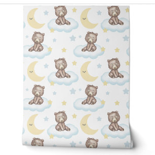Papier Peint Bébé Ours Nuages étoiles Lune Bois Animaux