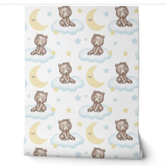 Papier Peint Bébé Ours Nuages étoiles Lune Bois Animaux