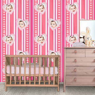 Papier Peint Bébé rose rayures blanches