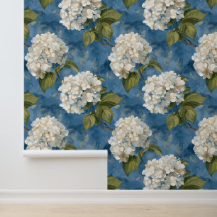 Papier Peint Belle hydrangée blanche sur bleu