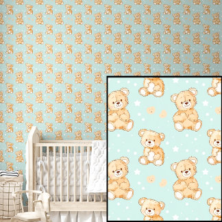 Papier Peint Belles Étoiles blanches Nounours sur Vert Doux